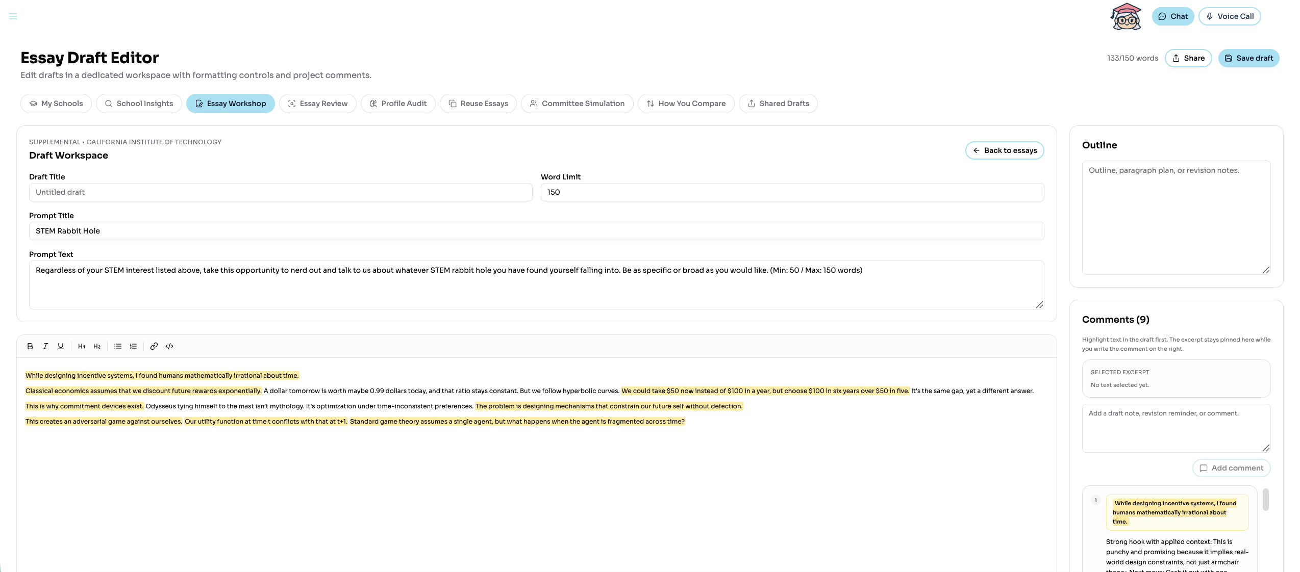 Draft editor with formatting toolbar and passage-level comments