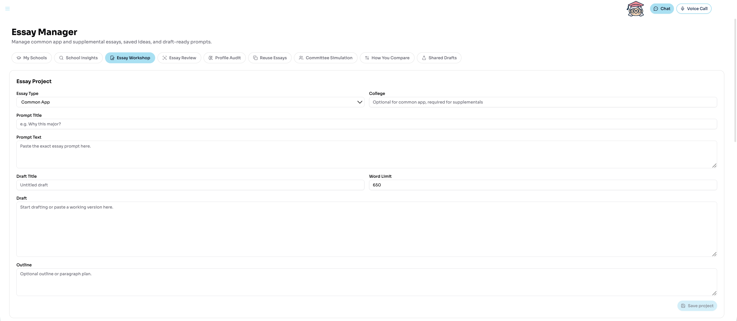 Essay project manager with prompt and draft fields