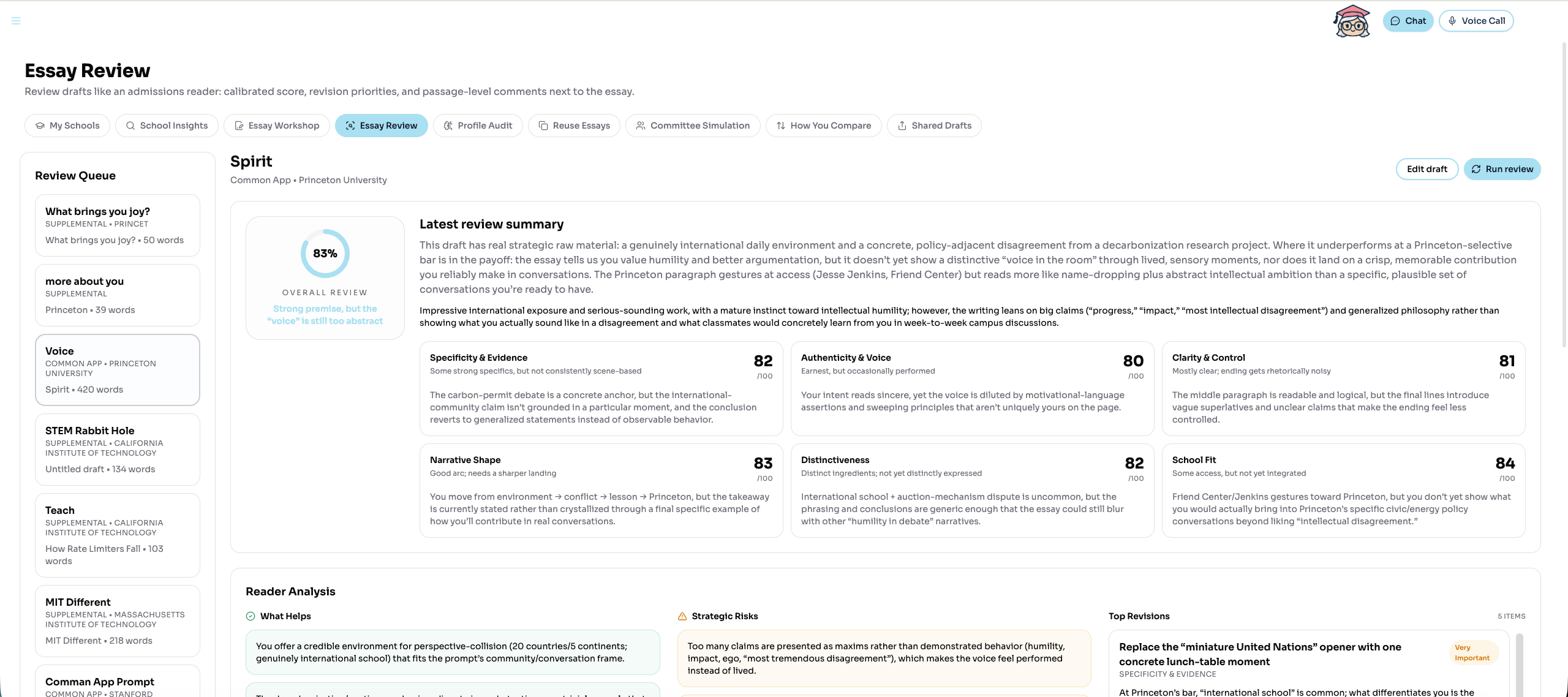 Calibrated essay review with rubric scores and revision priorities