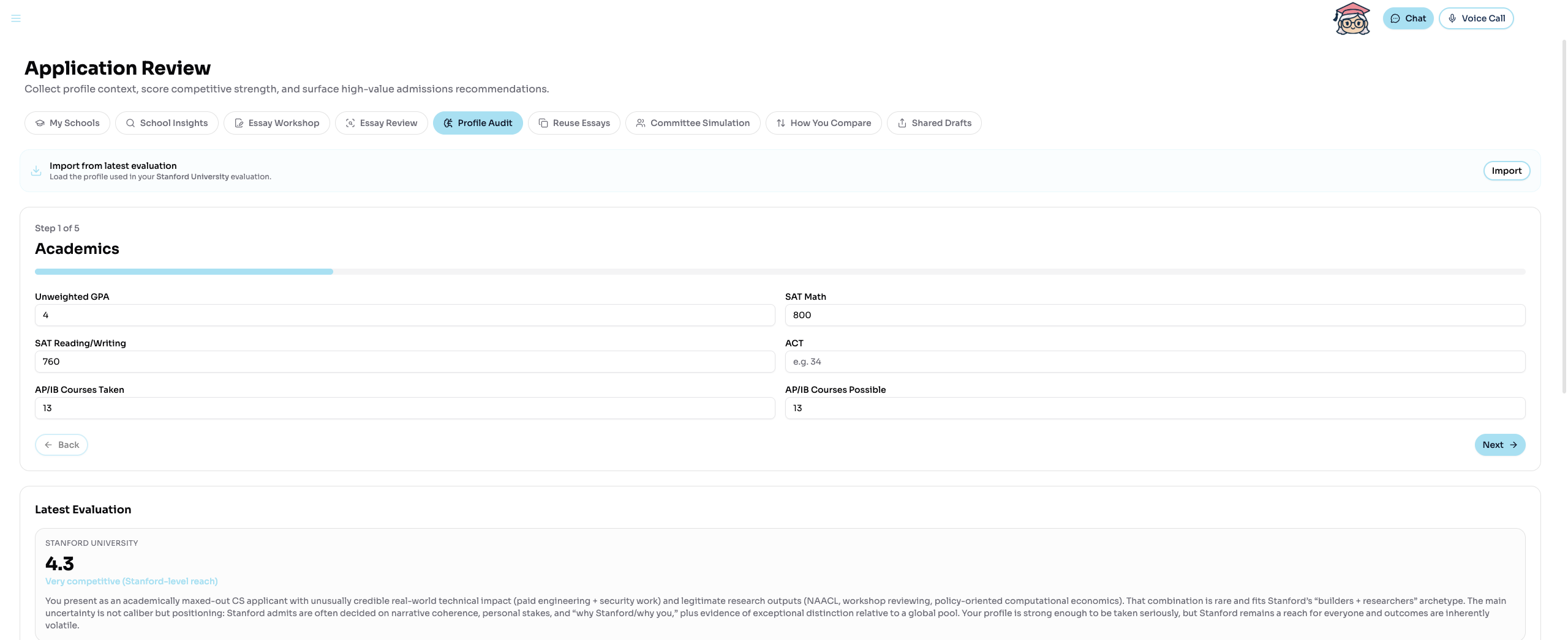 Application profile audit with academic stats and evaluation