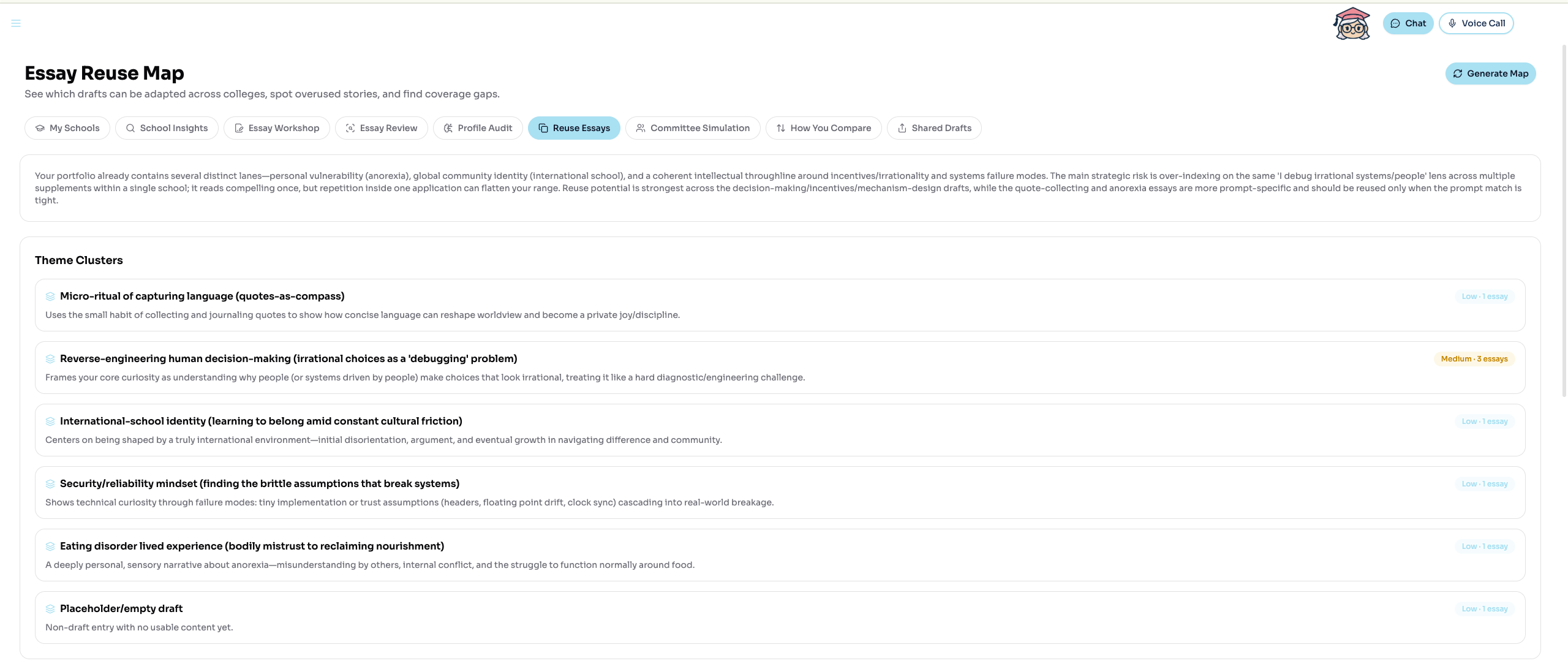 Essay reuse map showing theme clusters across drafts