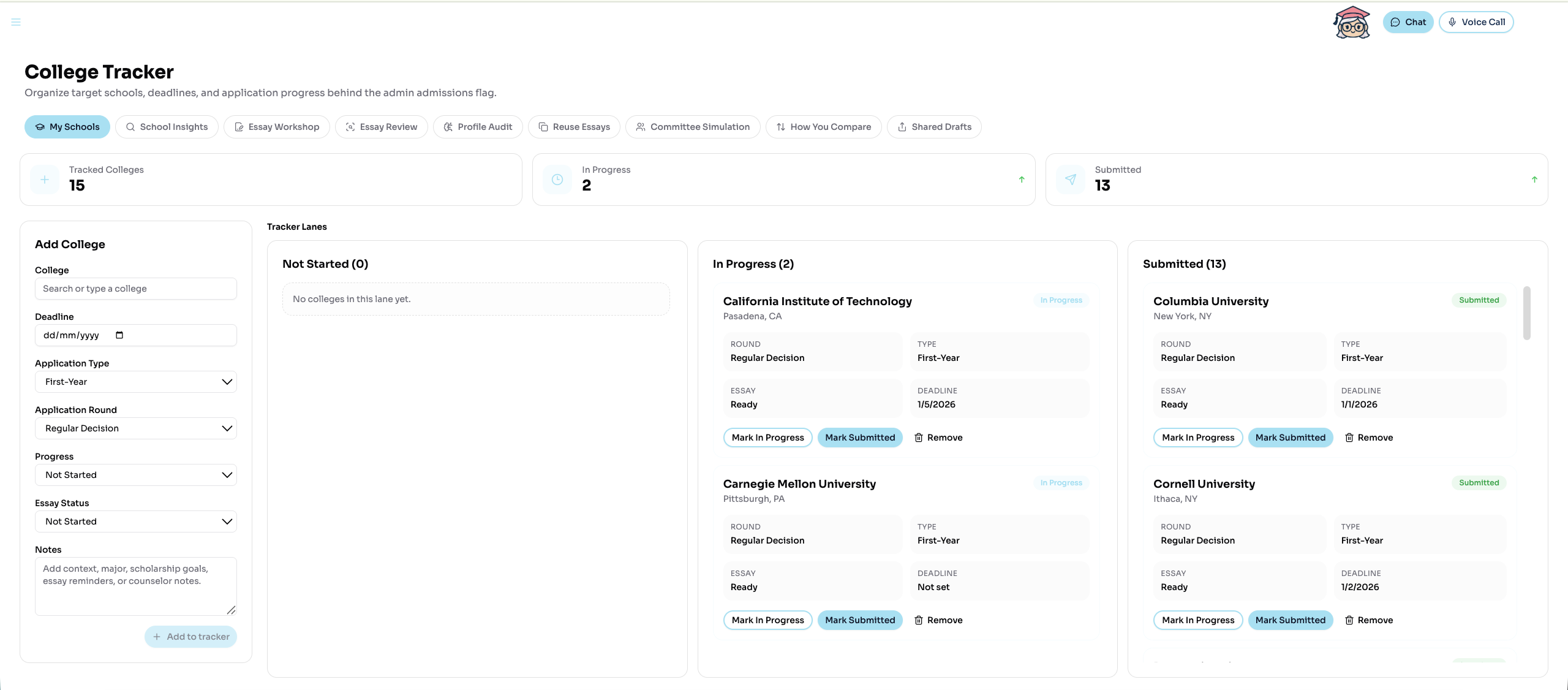 College tracker board with application status lanes