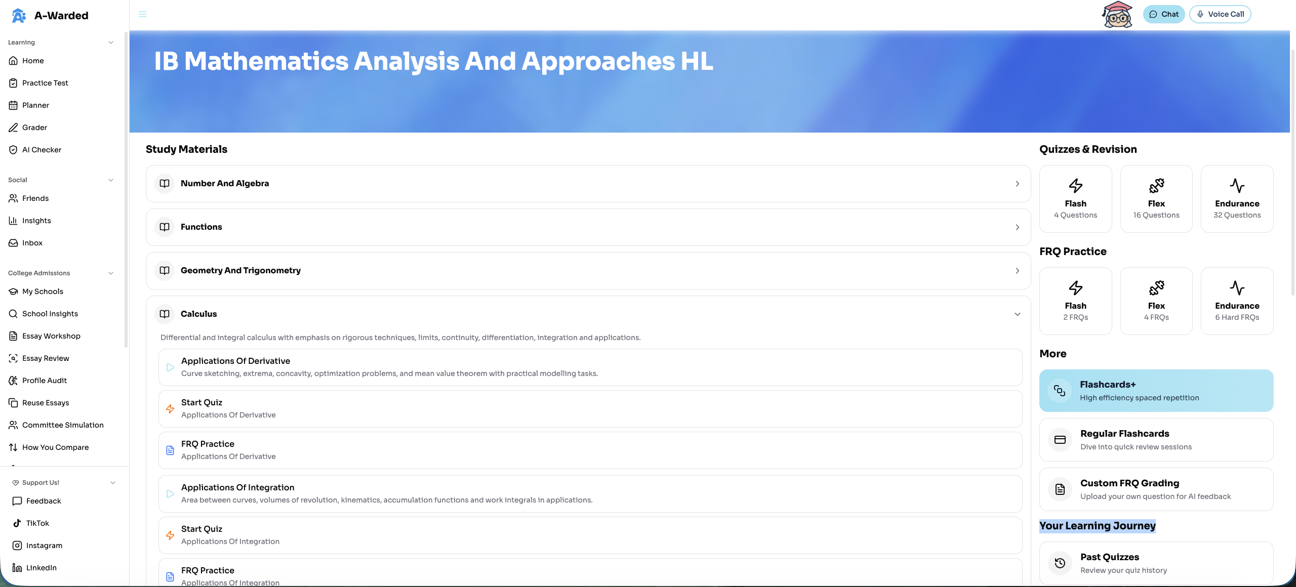 Course page with lessons, topics, and study tools
