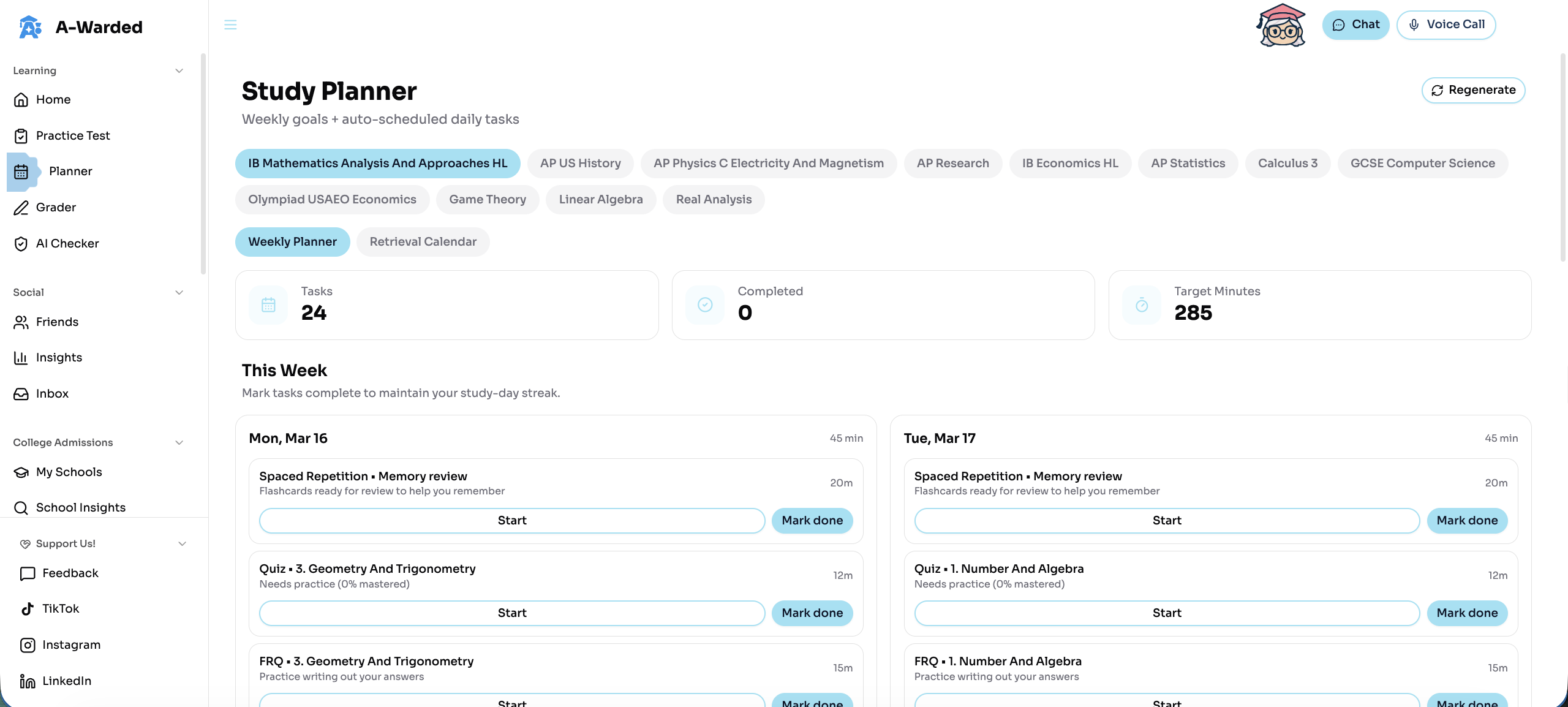 Smart study planner with weekly schedule and progress