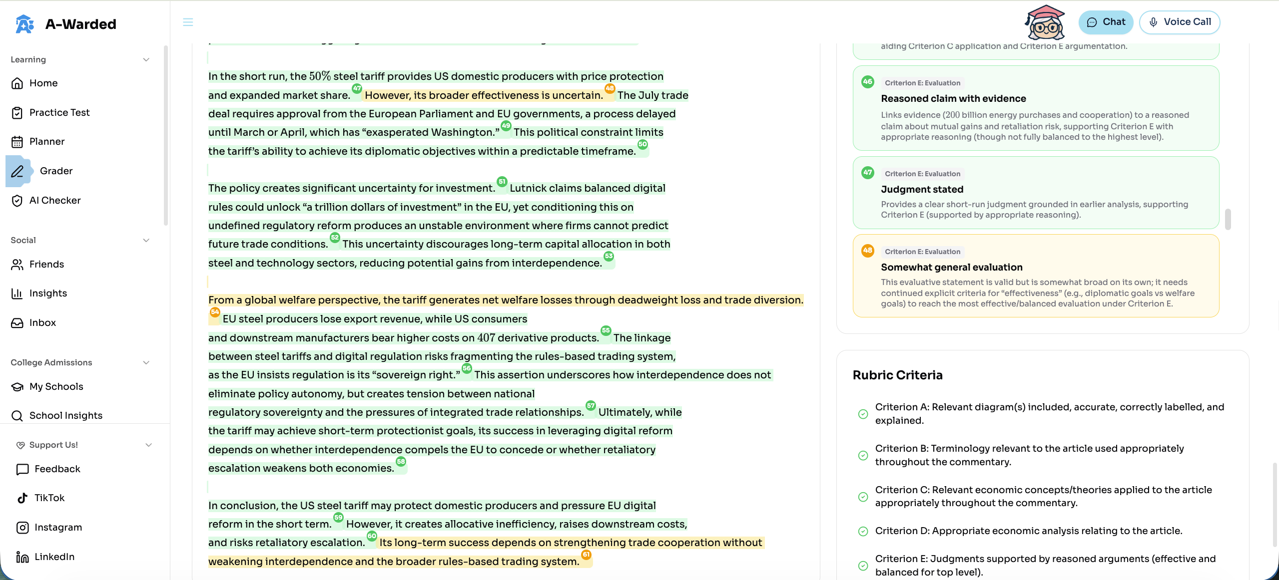 Detailed rubric feedback with inline annotations